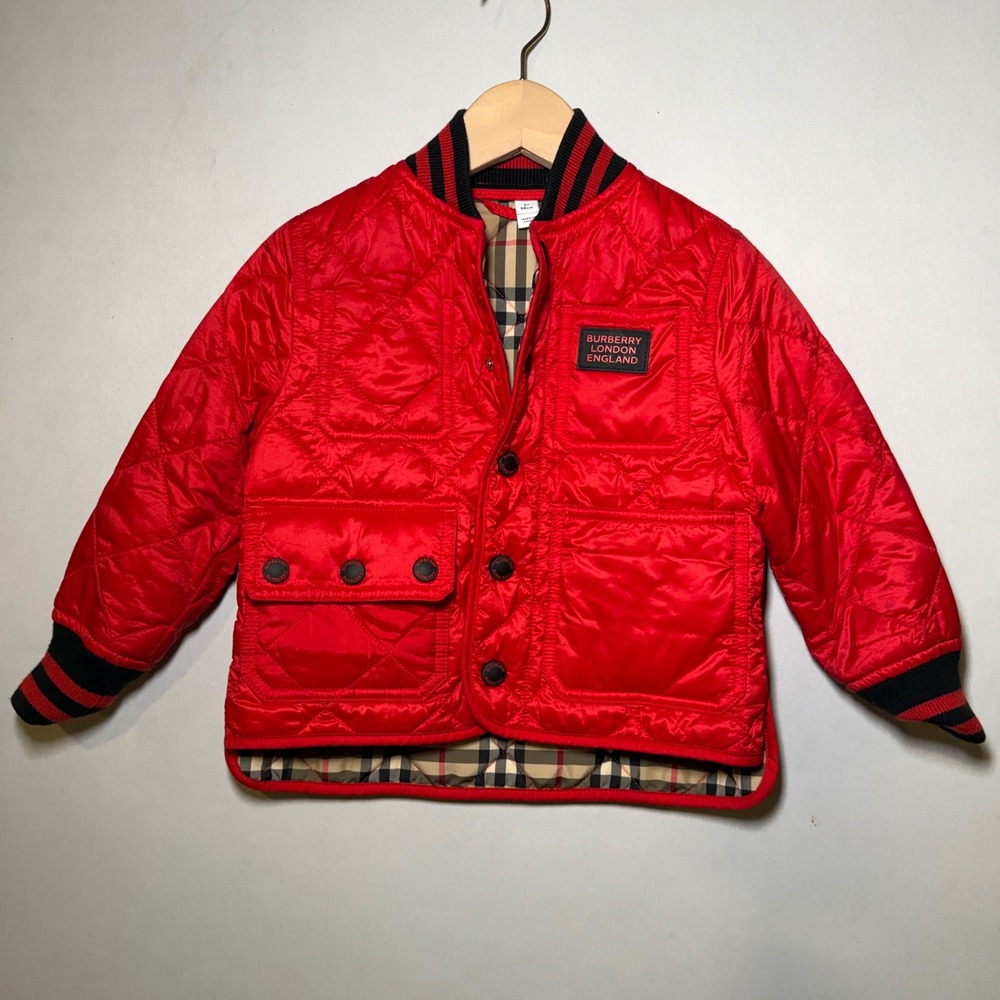 Burberry Kids Quilted Jacket 3Y Red Nova Check Reversible Coat Varsity Bomber